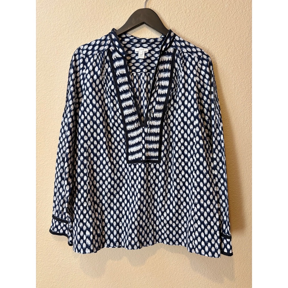 J.Crew Navy White Ikat Print 100% Cotton Split Neck Blouse Top 15656 Womens 10